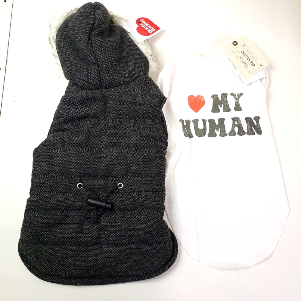 NEW! Lot of 2 Tiny Dog or Cat Outfits - Winter Coat & White Tee - Size Small